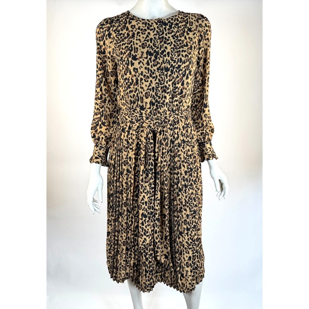 J Crew Long Sleeve Pleated Dress Women 2 NWT Leopard Lined Crew Neck Zip Closure